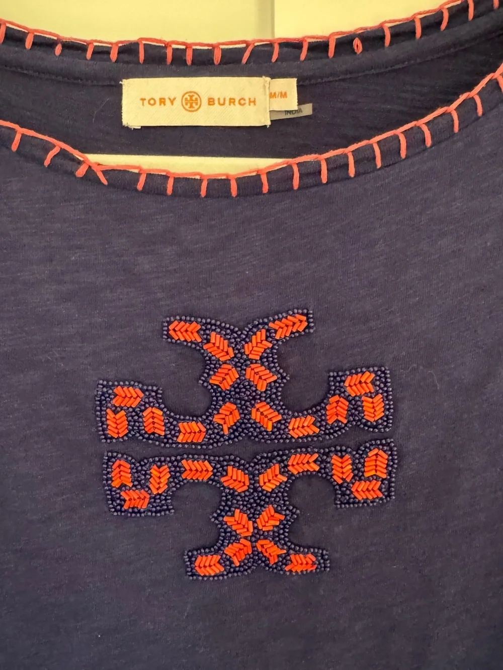 Tory Burch Navy Long-Sleeve Tee with Coral Embroidery